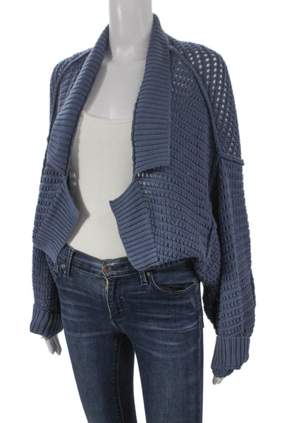We The Free Womens Cardigan Collared Solid Blue Cotton Long Sleeve Size S
