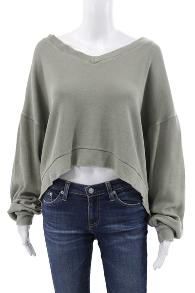 We The Free Women Green V-Neck Pullover Sweatshirt 100% Cotton Size S