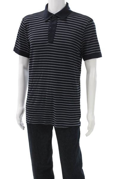 Armani Collezioni Mens Silk Striped Polo Blue Short Sleeve Button Size 2XL