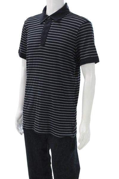 Armani Collezioni Mens Silk Striped Polo Blue Short Sleeve Button Size 2XL