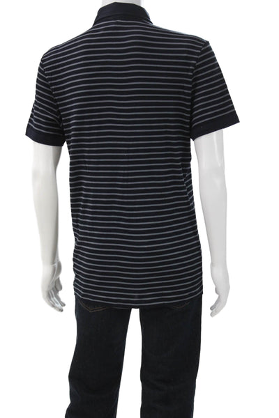 Armani Collezioni Mens Silk Striped Polo Blue Short Sleeve Button Size 2XL
