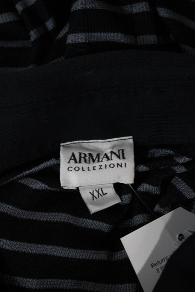 Armani Collezioni Mens Silk Striped Polo Blue Short Sleeve Button Size 2XL