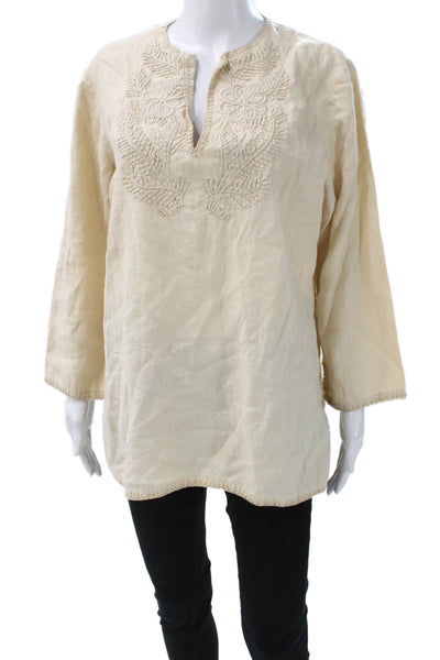 Lauren Ralph Lauren Women Tunic Blouse Beige Linen V-Neck Long Sleeve Size L