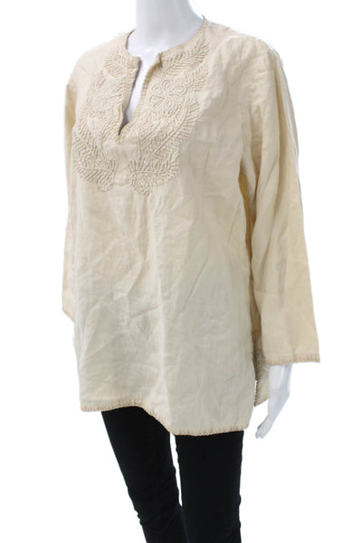 Lauren Ralph Lauren Women Tunic Blouse Beige Linen V-Neck Long Sleeve Size L