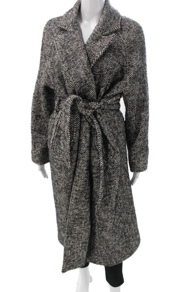Zara Womens Multicolor Herringbone Wool Overcoat Tie Long Sleeve Size XS