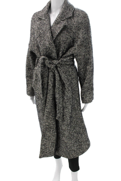 Zara Womens Multicolor Herringbone Wool Overcoat Tie Long Sleeve Size XS