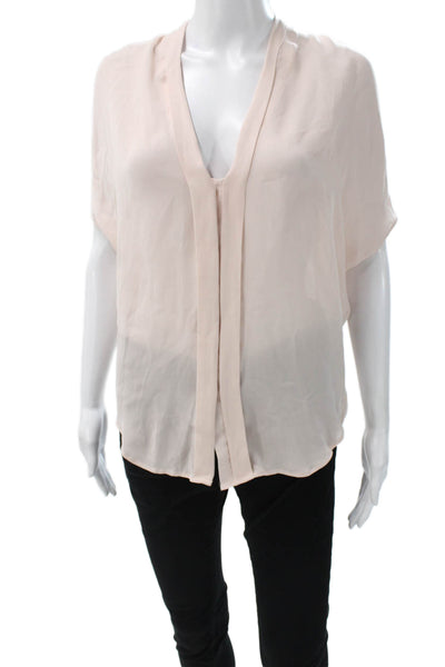 Vince Womens Basic Silk V Neck Short Sleeve Blouse Pink Size XS