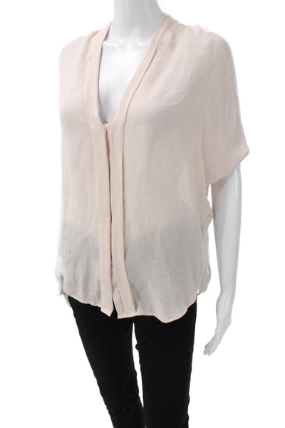 Vince Womens Basic Silk V Neck Short Sleeve Blouse Pink Size XS