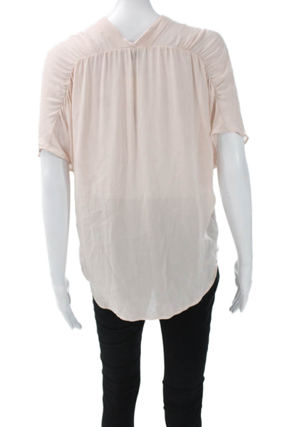 Vince Womens Basic Silk V Neck Short Sleeve Blouse Pink Size XS