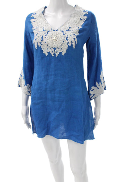 Jeannie McQueeny Womens Silk V-Neck 3/4 Sleeve Blue Tunic Mini Size XS
