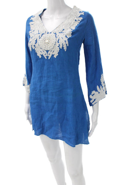 Jeannie McQueeny Womens Silk V-Neck 3/4 Sleeve Blue Tunic Mini Size XS