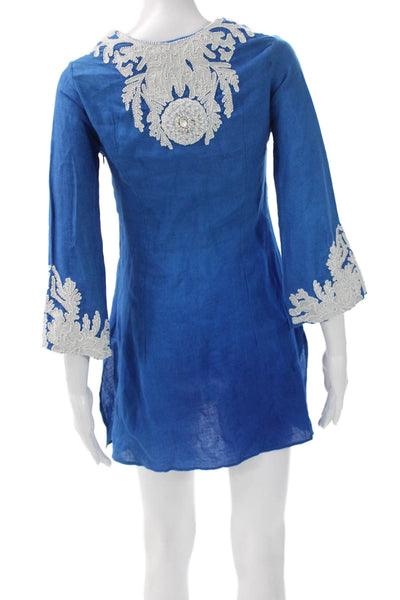 Jeannie McQueeny Womens Silk V-Neck 3/4 Sleeve Blue Tunic Mini Size XS
