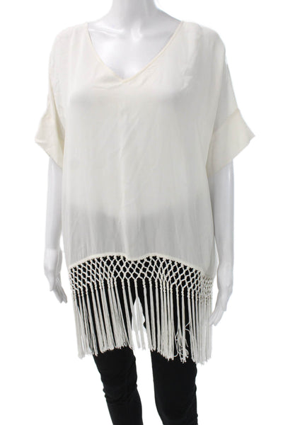 Club Monaco Womens Ivory Silk V-Neck Tunic Blouse Short Sleeve Pullover Size XS