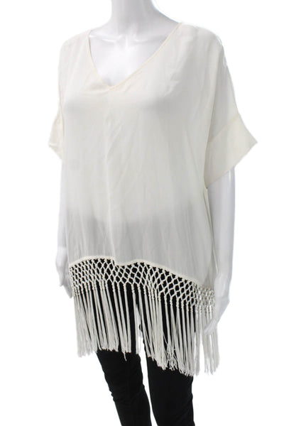 Club Monaco Womens Ivory Silk V-Neck Tunic Blouse Short Sleeve Pullover Size XS