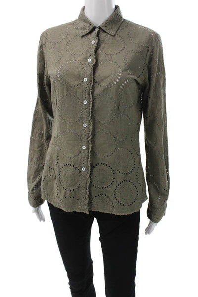 Johnny Was Women Green Cotton Geometric Button-Up Long Sleeve Size S