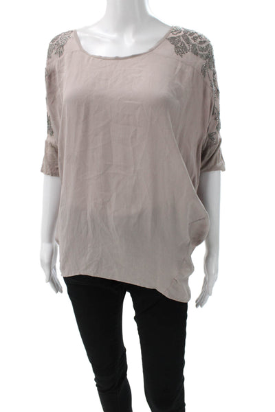 Gold Hawk Womens Basic Floral Scoop Neck Short Sleeve Blouse Beige Size XS