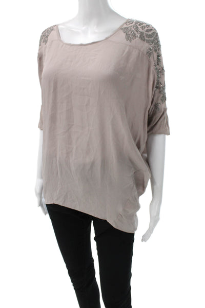 Gold Hawk Womens Basic Floral Scoop Neck Short Sleeve Blouse Beige Size XS