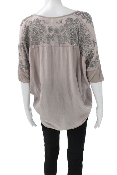 Gold Hawk Womens Basic Floral Scoop Neck Short Sleeve Blouse Beige Size XS
