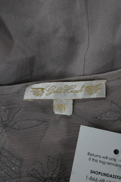 Gold Hawk Womens Basic Floral Scoop Neck Short Sleeve Blouse Beige Size XS