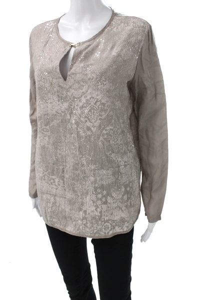 Tensione In Women Beige Viscose Geometric Keyhole Tunic 3/4 Sleeve Size M