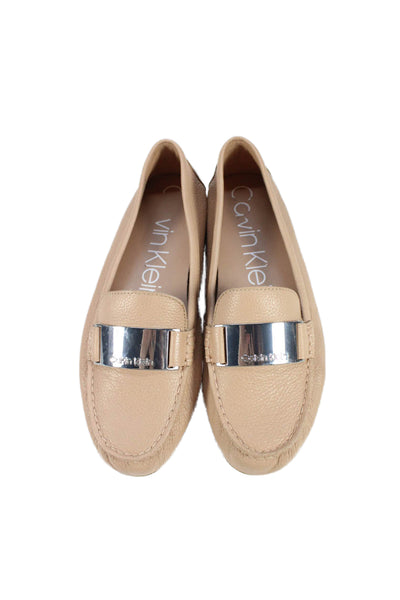 Calvin Klein Womens Leather Silver Tone Lisette Loafers Beige Size 9.5