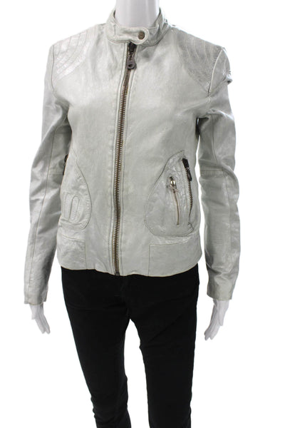 Doma Women Genuine Leather Motorcycle Jacket Silver Snap Size S