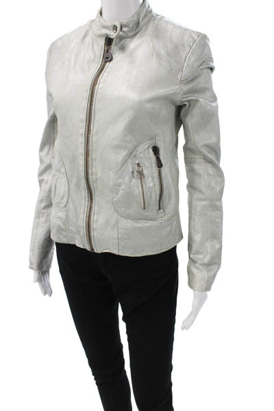 Doma Women Genuine Leather Motorcycle Jacket Silver Snap Size S