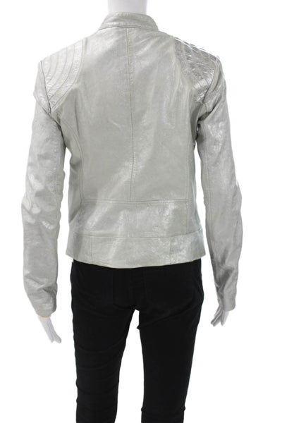 Doma Women Genuine Leather Motorcycle Jacket Silver Snap Size S