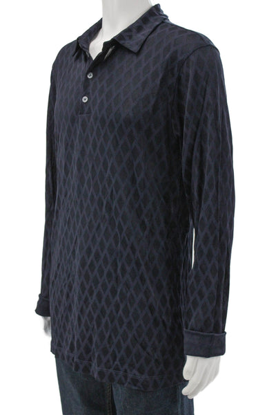 Armani Collezioni Mens Polo T-Shirt Blue Argyle Collared Long Sleeve Size 2XL