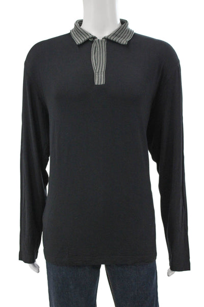 Armani Collezioni Mens Collared Long Sleeve T-Shirt Black Viscose Size 2XL
