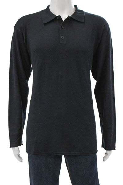 Armani Collezioni Mens Black Collared T-Shirt Long Sleeve Button Silk Size 2XL