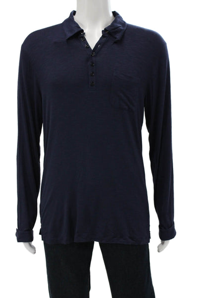 Armani Collezioni Men Collared Blue Viscose T-Shirt Long Sleeve Solid Size 2XL