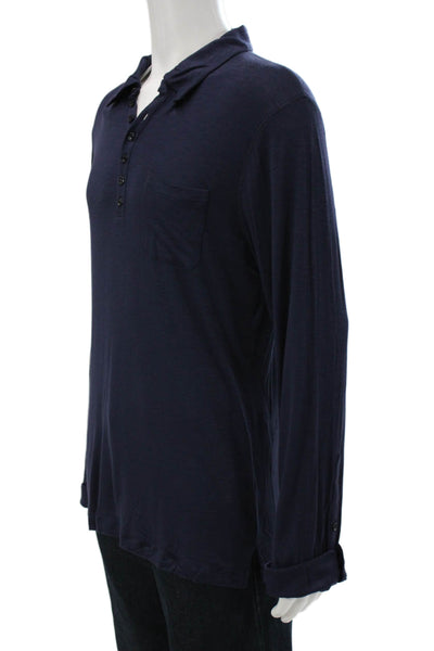 Armani Collezioni Men Collared Blue Viscose T-Shirt Long Sleeve Solid Size 2XL