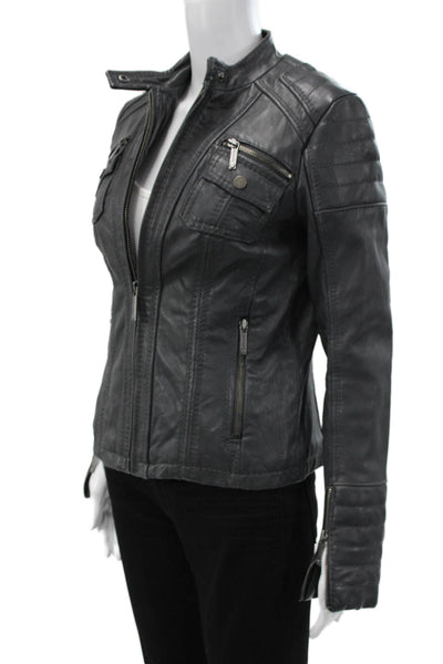 Michael Kors Womens Biker Leather Jacket Gray Zip Long Sleeve Size S