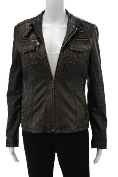 Michael Michael Kors Women Biker Leather Jacket Brown Zip Long Sleeve Size 6