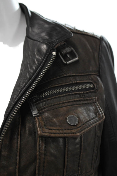 Michael Michael Kors Women Biker Leather Jacket Brown Zip Long Sleeve Size 6