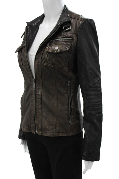 Michael Michael Kors Women Biker Leather Jacket Brown Zip Long Sleeve Size 6