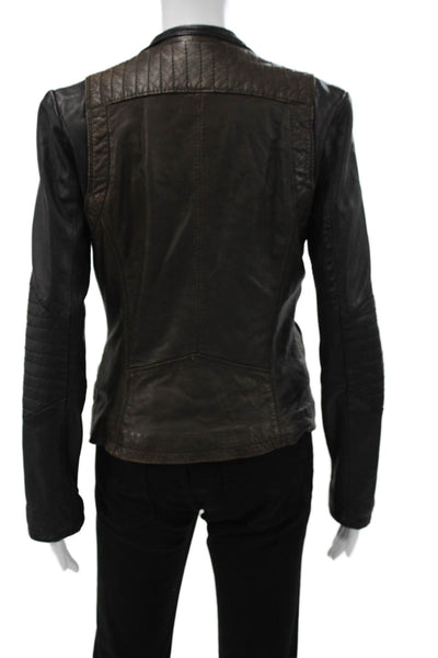Michael Michael Kors Women Biker Leather Jacket Brown Zip Long Sleeve Size 6