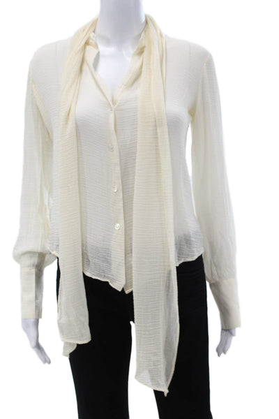 Theory Womens Collared Button Cotton Blend Blouse Ivory Long Sleeve Size PS