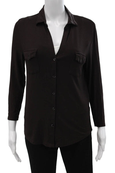 Majestic Filatures Women Collared Brown Long Sleeve Button Up Top Size 1