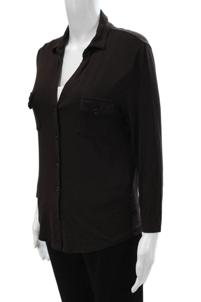 Majestic Filatures Women Collared Brown Long Sleeve Button Up Top Size 1
