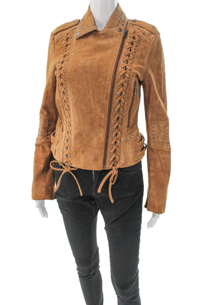 Amaryllis Womens Biker Genuine Leather Jacket Brown Zip Closure Size S