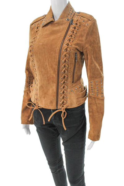 Amaryllis Womens Biker Genuine Leather Jacket Brown Zip Closure Size S