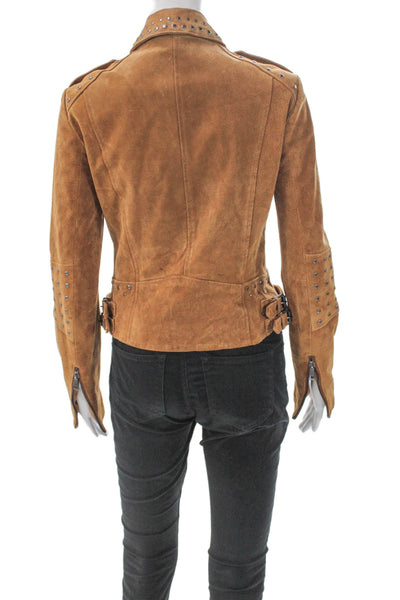Amaryllis Womens Biker Genuine Leather Jacket Brown Zip Closure Size S
