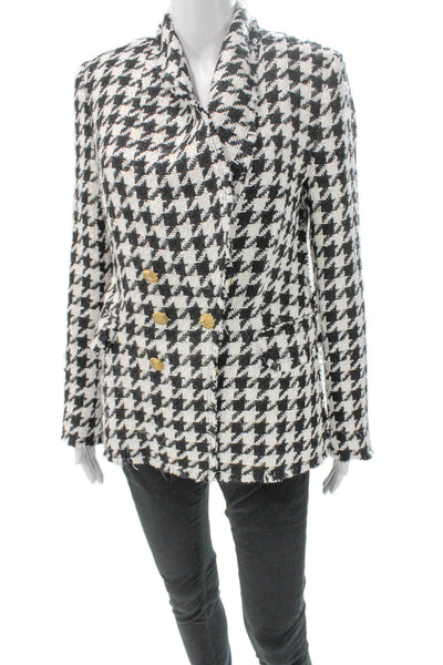 Zara Womens Double-Breasted Houndstooth Blazer Black Button Long Sleeve Size M