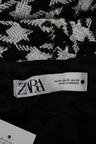 Zara Womens Double-Breasted Houndstooth Blazer Black Button Long Sleeve Size M