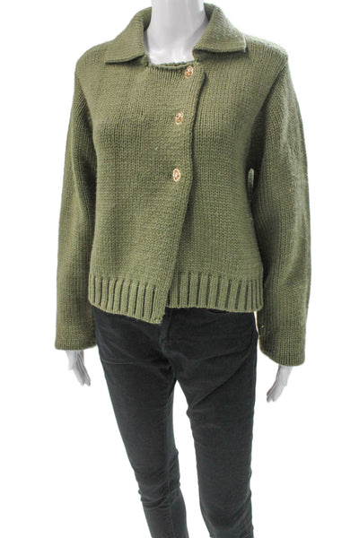 Zara Women Collared Long Sleeve Green Cardigan Size M