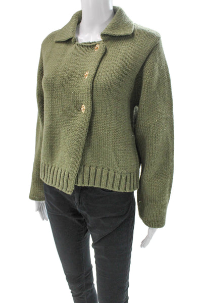 Zara Women Collared Long Sleeve Green Cardigan Size M
