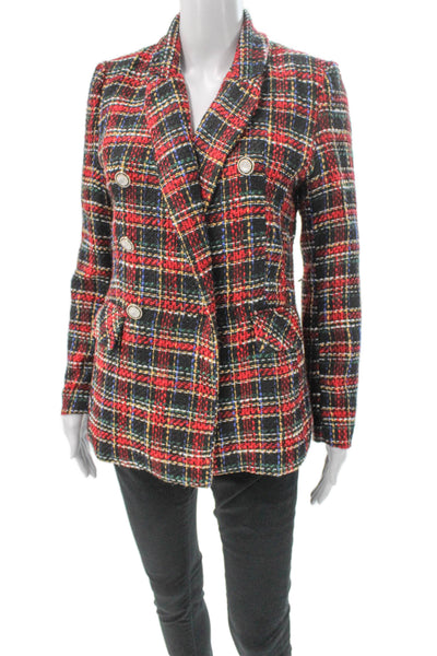 Rachel Zoe Women Plaid Button Blazer Red Polyester Long Sleeve Size S