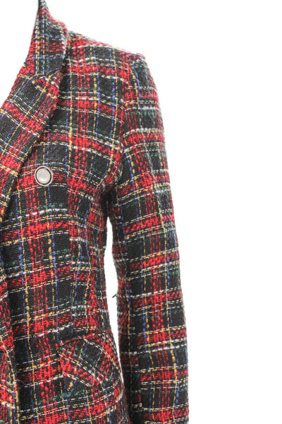 Rachel Zoe Women Plaid Button Blazer Red Polyester Long Sleeve Size S